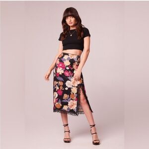 LILOU BLACK FLORAL LACE SLIP MIDI SKIRT